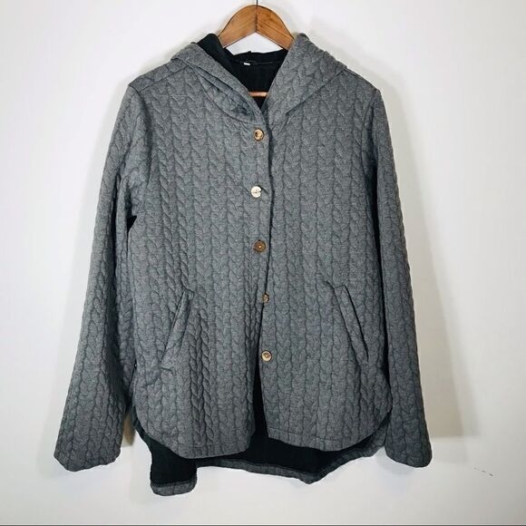 Quilted Hooded Grey Button Down Jacket - Picture 1 of 3